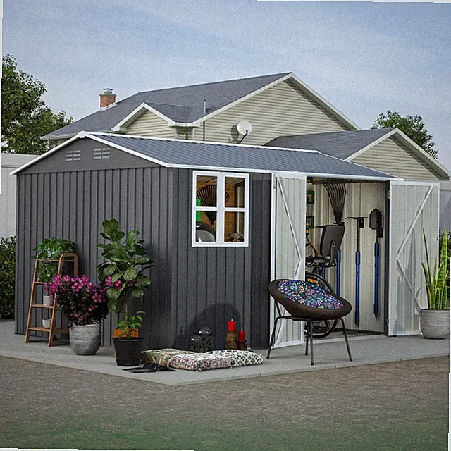 10x8 Steel Storage Shed with Clear Window Lockable Doors Floor Frame Gray