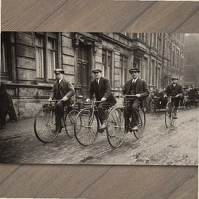 Art Print Men Riding Bicycles Old City Street Early 1900s Vintage Style Black Wh