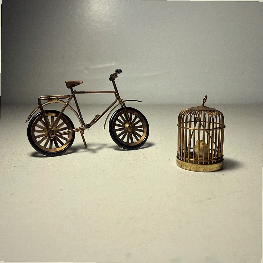 Brass Metal Bicycle Two Wheel, and Bird Cage Doll House, Miniature