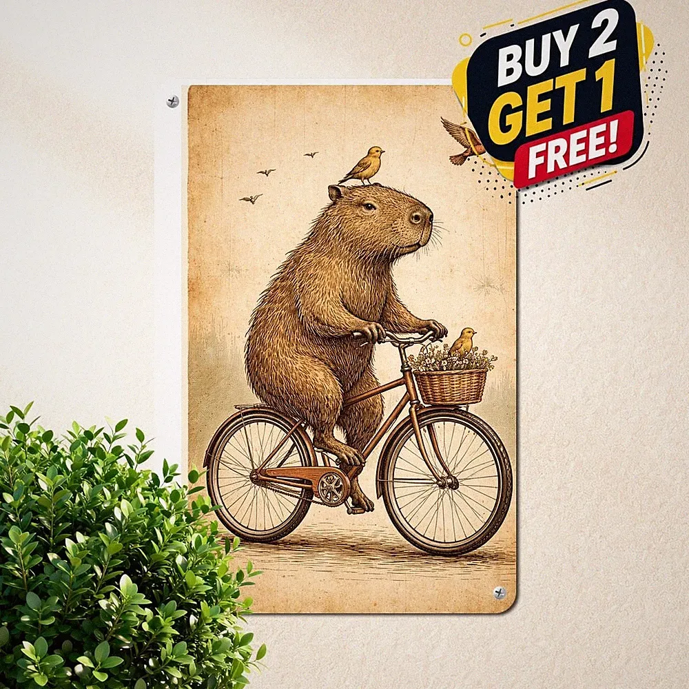 Capybara Riding Bicycle Flying Birds Overhead Whimsical Artwork Metal Tin Sign
