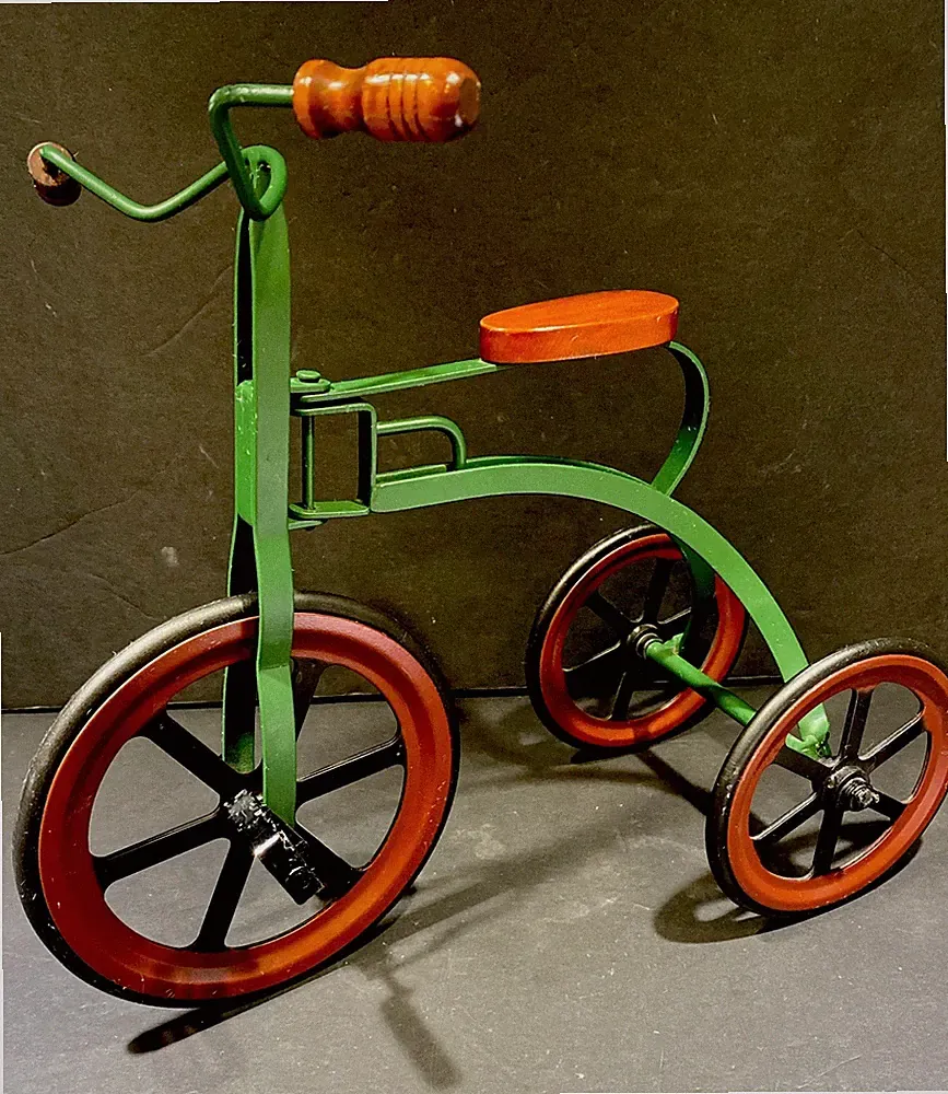 Decorative Bicycle Hand Crafted Metal Frame Wood Seat Mini Tricycle 11”x12”