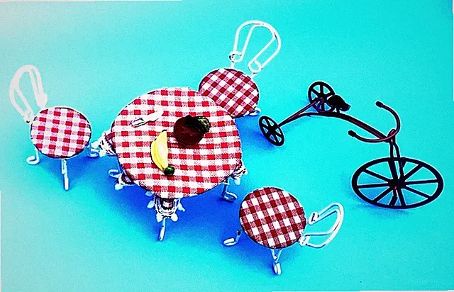 DOLLHOUSE Bistro Set TABLE, 3 CHAIRS, RED BICYCLE, Fruit, Knife Miniature