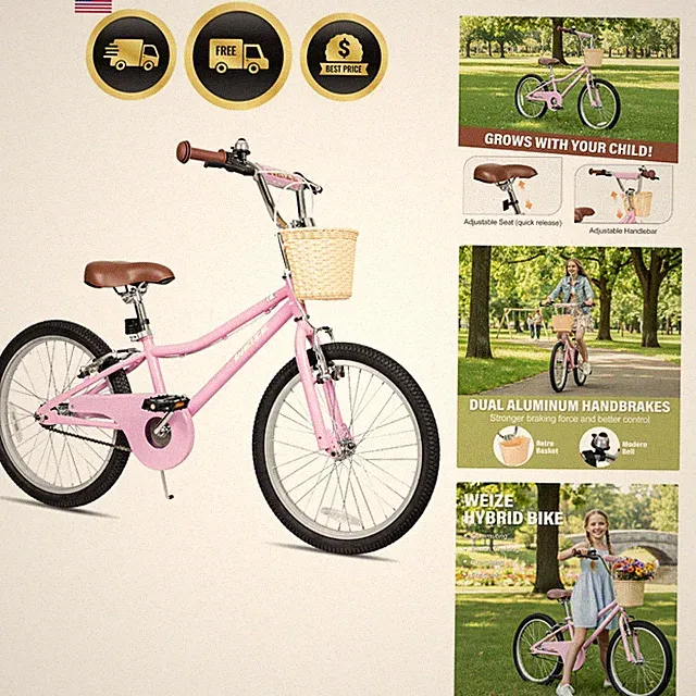 Girls Bike for 6-14 Old, 20 24 Inch Kids Bike with Basket and Kickstand, Ret...