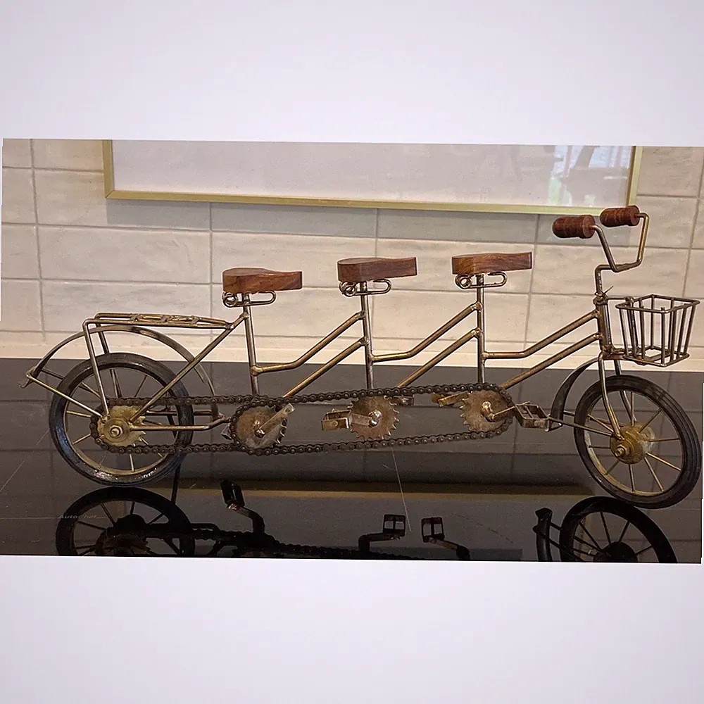 Gold Metal Tandem Bicycle Tricycle Art Deco Sculpture Wooden Seats Rubber Tires
