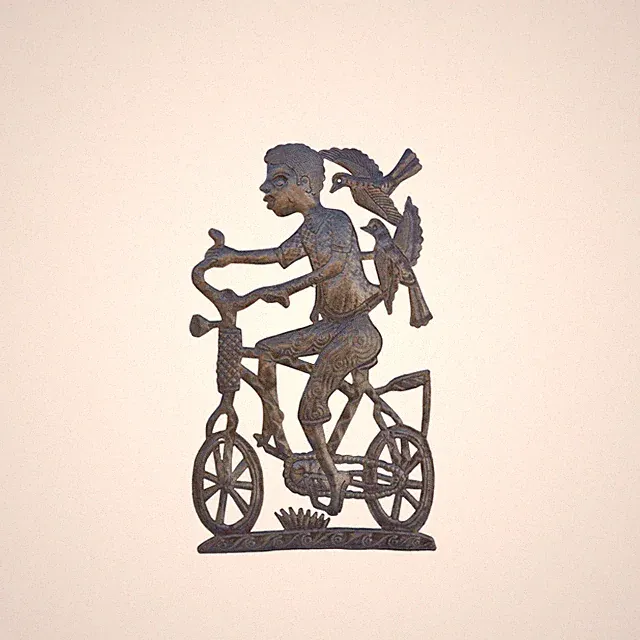 Handcrafted Haitian Metal Art, Boy Riding a Bike with Birds, Eco-Friendly Garden