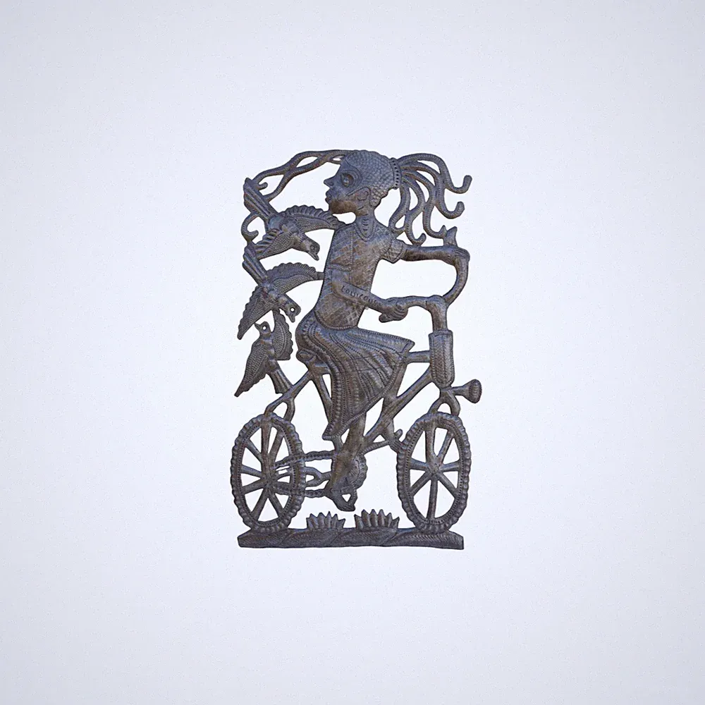Handcrafted Haitian Metal Art, Girl on Bicycle Getting Chased by Birds, Eco