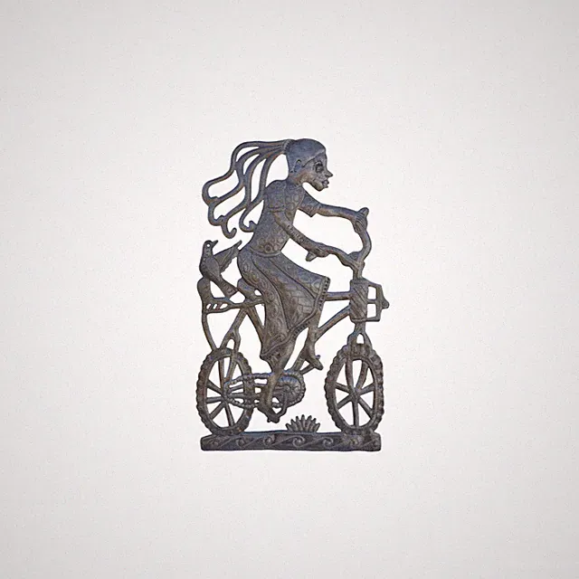 Handcrafted Haitian Metal Art, Girl Taking Bird on Bicycle Ride, Eco-Friendly