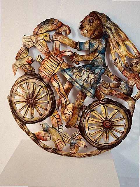 Handcrafted Metal Folk Art Wall Hanging - Woman On Bicycle With Birds