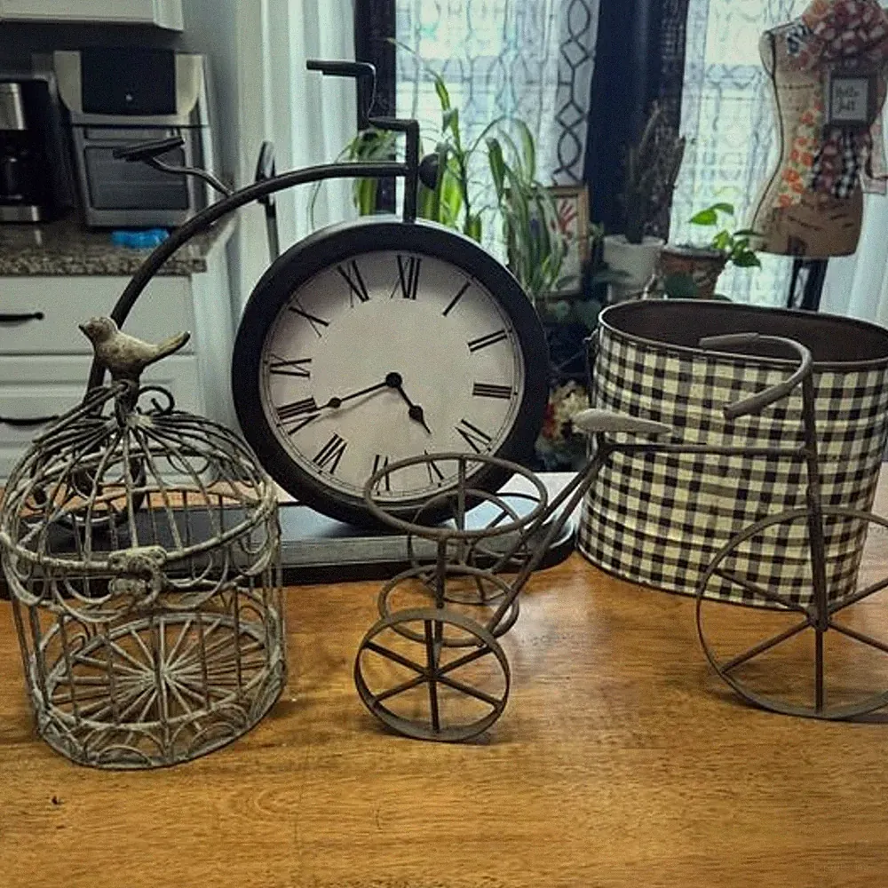 Home Decor Bundle- Bird cage Candle Holder Metal bin,Bicycle Clock /plant holder