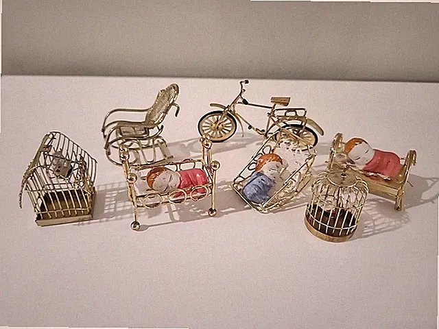 Lot of Vintage Metal Doll House Furniture Bicycles Rockers Swing bird Cage