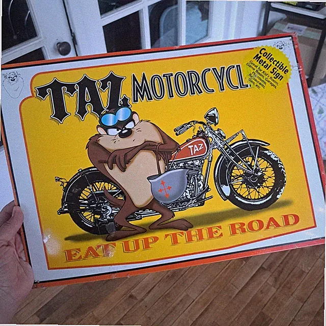 NEW Sealed Taz Motorcycles Eat Up The Road Metal Yellow Tin Sign 17x12 1997 USA