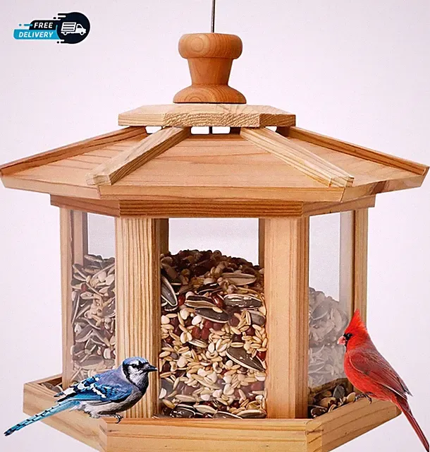 Outdoors USA Cedar Hexagon Gazebo Bird Feeders with Vented Mesh Tray