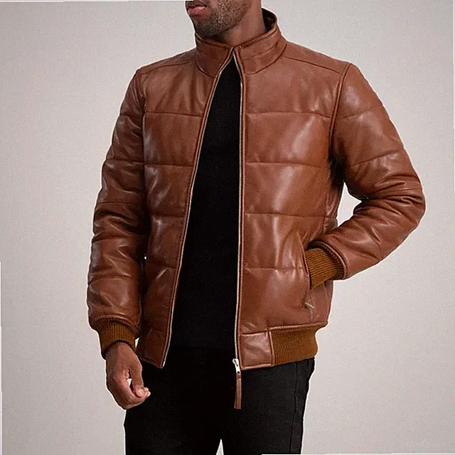 Puffer Leather Jacket Men Cognac Brown Lambskin Quilted Bomber Stand Collar Coat