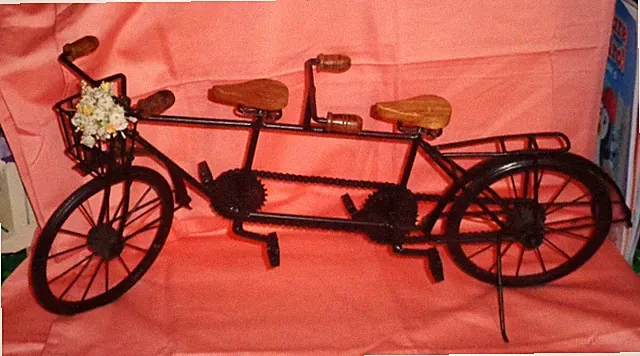 RARE-BLACK METAL TANDEM BICYCLE-2 SEATER FOR 16" TO 18" DOLLS-BEAUTIFUL WOOD