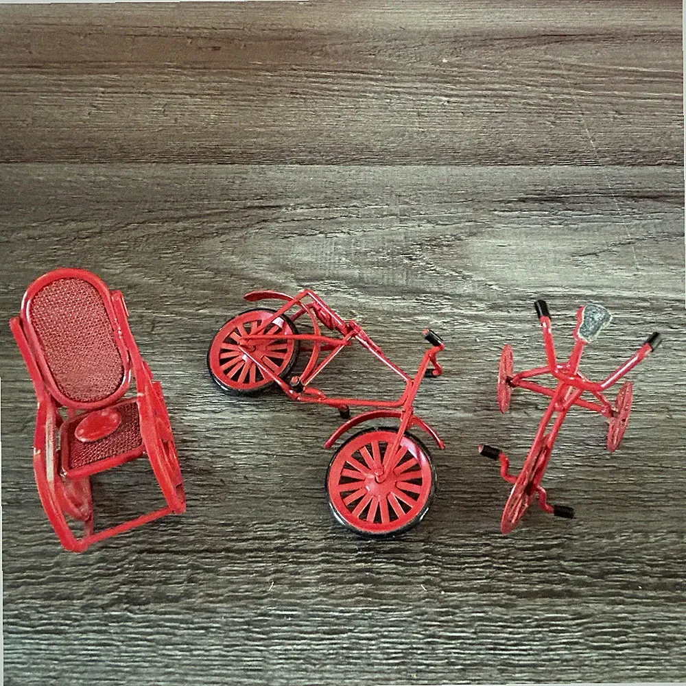 Set of Small Wire/Metal Tricycle Bicycle Rocking Chair Figurines - Red