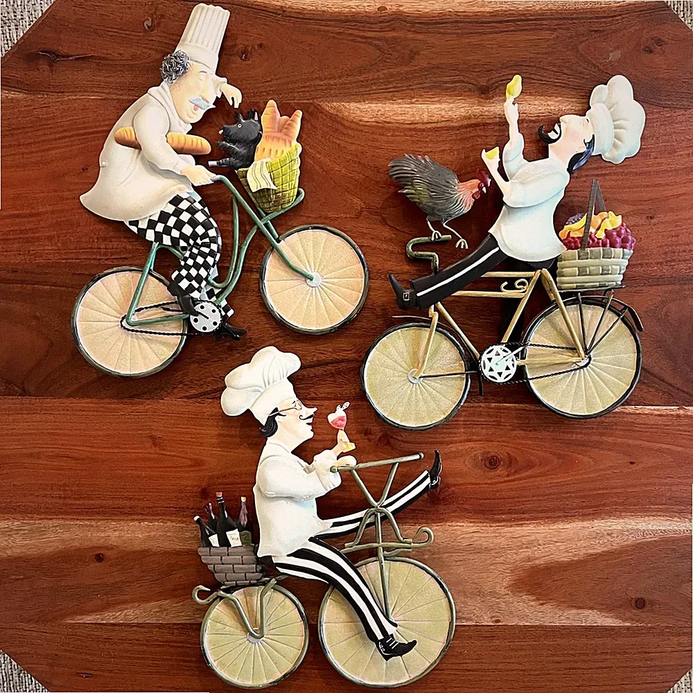 Shari Warren French Chef Bicycle Wall Sculpture Set 3 Metal Bistro Kitchen Decor