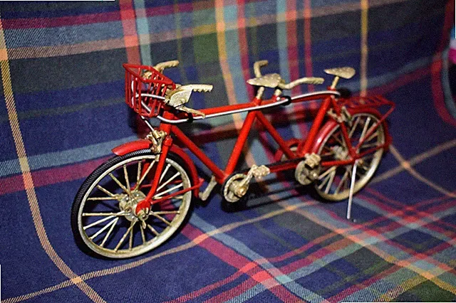 Vintage Die Cast Red Metal Tandem Bike w/ Real Rubber Tires & Moving Pedals
