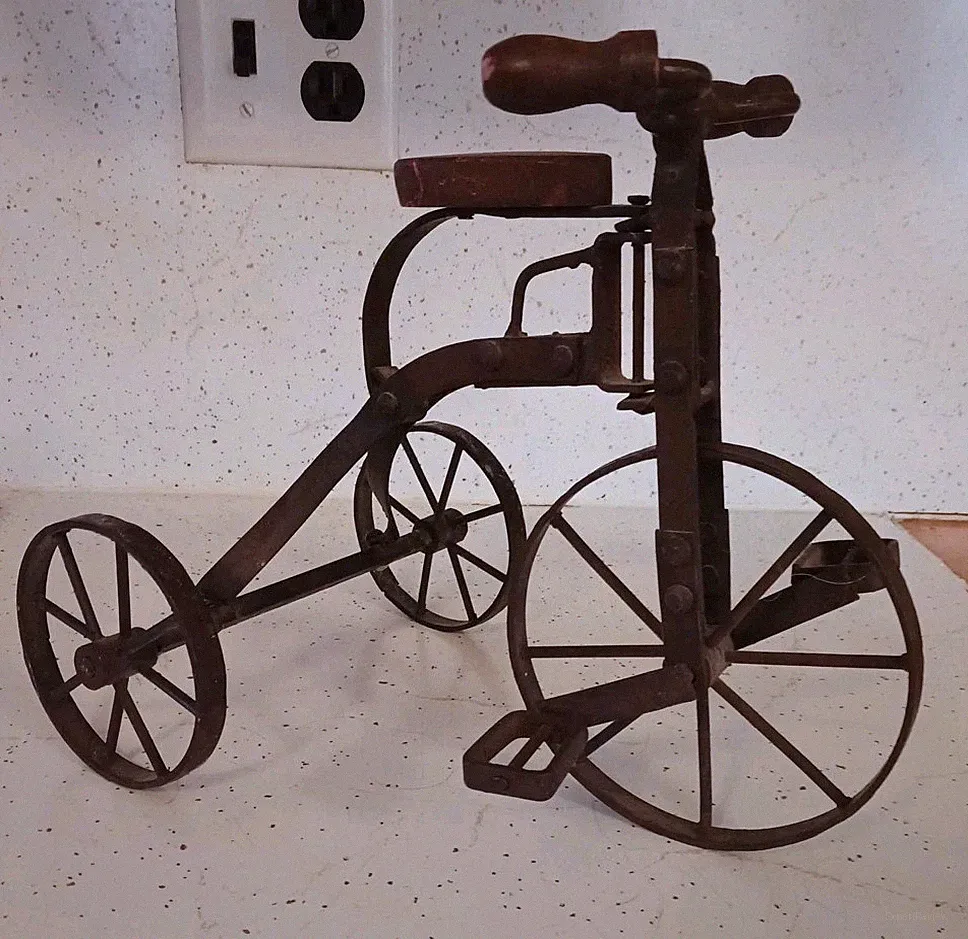 Vintage Metal Tricycle with Wooden Seat and Wood Handle Grips. Great Display