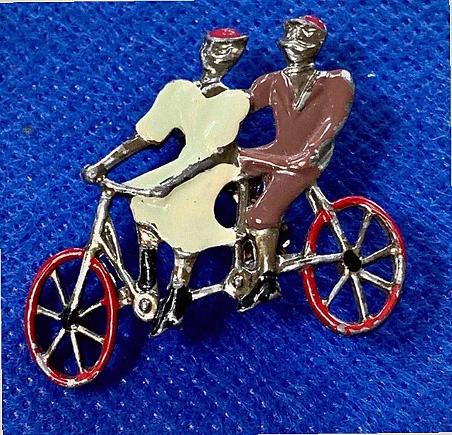Vtg. Bicycle For Two Japanned Silver Tone & Enamel Decorated Pin Brooch #53