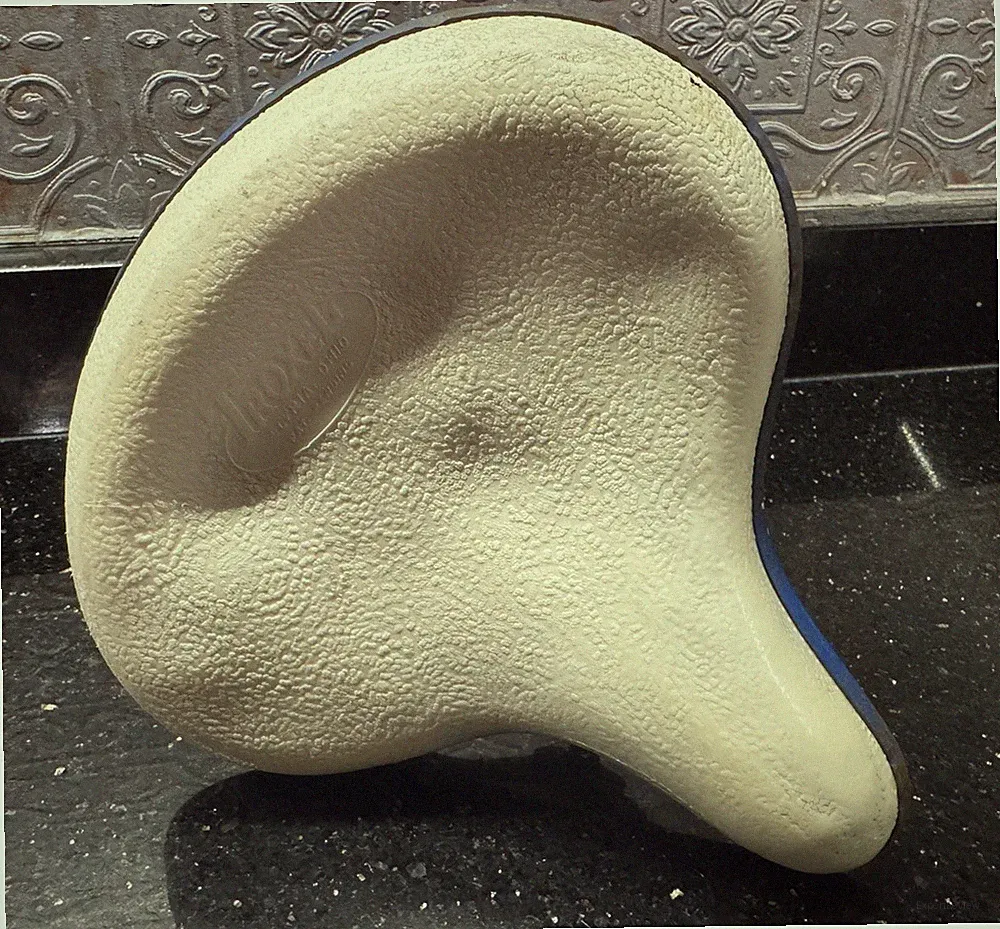 Vtg Troxel Tricycle Bicycle Seat Elyria Ohio White Vinyl Seat With Blue Metal